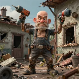 grumpy bald handyman, power tool limbs, in a wrecked home, full body, hyperrealistic digital art masterpiece, highly detailed neo pop surrealism, jason limon kay sage hannah yata, dramatic lighting, low angle, uhd 8 k, sharp focus