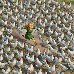 a blonde elf wearing a green tunic running away from a flock of white chickens , made by Stanley Artgerm Lau, WLOP, Rossdraws, ArtStation, CGSociety, concept art, cgsociety, octane render, trending on artstation, artstationHD, artstationHQ, unreal engine, 4k, 8k,