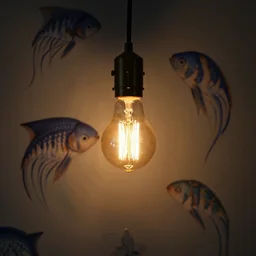 closeup design house mason pedant lamp with edison lightbulb hanging from wall with blowfish art on wallpaper background, low light setting, dim lighting,