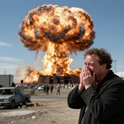 kevin smith watching nuclear explosion and crying , photorealistic