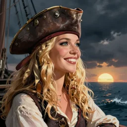 a happy smiling loving blond female beautiful pirate captain gazing into the horizon in the style of banksy