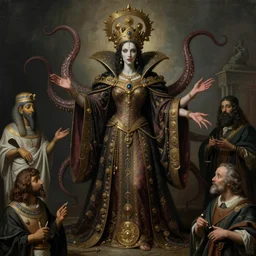queen lovecraftian cthulhu high priestess with tentacles and ornate robes portraiture matte painting by peregrino, tintoretto, van dyke, peter paul rubens, jean baptiste greuze, giovanni battista piazzetta, fayum, diego velazquez, anders zorn, herbert james draper, trending on artstation, highly detailed, hyperrealism, hyper detail