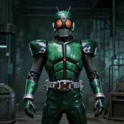 Arthurian Knight Kamen Rider, rubber undersuit, chainmail, moody colors, dark green color scheme, 4k, glowing eyes in helmet, industrial environment, horror movie lighting, horror movie cinematography, biomechanical elements, hyper realistic