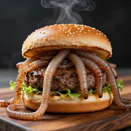 photo of a alive worms burger, photorealistic, worms on the table, intricate details, 4 k, smoky,