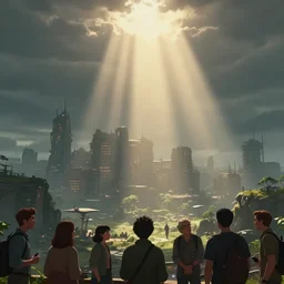 A landscape with a dystopian city, sunshine , people are talking in the foreground, bottom view, volumetric lighting, ray lighting from top of frame, crepuscular ray lighting from above, dynamic lighting, muted colors, by Greg rutkowski, thomas kinkade, Andreas rocha, john howe, pixar, f16, hd, 8k