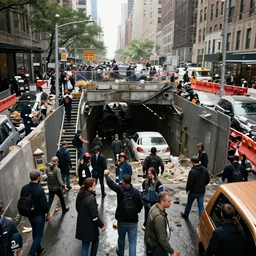 world collapse, new york city residents trying to leave, no food, mass evacuation, tunnels closed by flood doors, roadblocks, no one allowed to leave new york, in the style of escape new york, complete chaos.