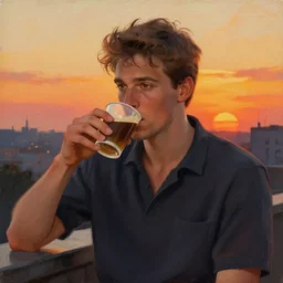 attractive man drinking coffee, sunset, painting by jean giraud, vladimir volegov, ross tran, tom of finland, trending on artstation