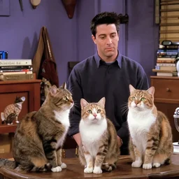 A still from the television show Seinfeld, but every character is a domestic cat.