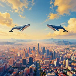 symmetrical post - minimalism landscape of a magical city bird's eye view, sky whales, golden clouds, mountain range, vibrant color scheme, highly detailed, in the style of romanticism, cinematic, artstation, moebius, greg rutkowski