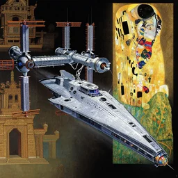 zaha hadid, spacestation, concept art, exterior illustration of a starship traveling, cinematic, dynamic composition, jean giraud, sparth, craig mullins, gustav klimt, japanese, buddhist architecture, omni magazine, mayan architecture, dieter rams, mecha, rule of thirds, foreboding, mysticism, alphonse mucha,