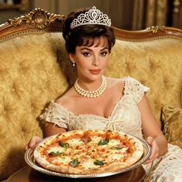 high quality photo of young beauty sophia loren, pizza is served on a silver platter, relaxed pose, antique luxury sofa, intricate ornamented tiara, opulent pearl necklace, laced dress, golden lighting, golden ratio, sharp focus, masterpiece, royal photo, highly coherent