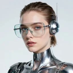 photo of young Mila Jovovich, close up, wearing large futuristic glass and metallic chrome goggles with led lights, white background, fine art photography in the style of Bill Henson