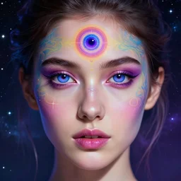 a beautiful colorful digital potrait of an attractive girl with blue violet eyes and open thirdeye thirdeye thirdeye psychedelic spiritual art, space background, breathtaking stars, hyperrealistic, photorealistic, hyper sharp, 4k, detailed, hyper realistic, matte painting