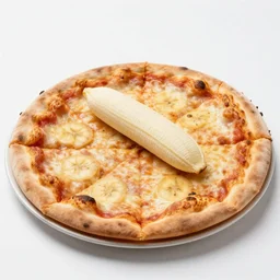 a photo a pizza with a whole unpeeled banana on top of it, food photo, professional food photo, iphone, 4 k