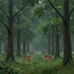🌳⛈🦌. digital art, matte painting, realistic, atmospheric lighting