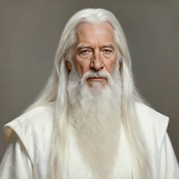 portrait of morgan freeman as evil saurman the white, long white hair and white beard, long white robes, by alan lee, lord of the rings, smooth, oil painting, matte painting, concept art, trending on artstation, promotional artwork, film still, elegant, photorealistic facial features, intricate, detailed face, cinematic lighting