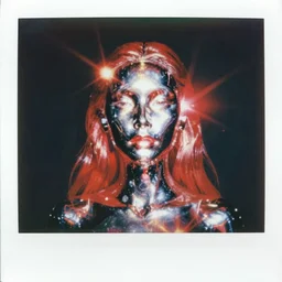 analog vintage photography shoulder level front portrait, digital art polaroid of a beautiful futuristic chrome female soul faceless humanoid seraphim, red color bleed, heavy film grain, bloom, glow