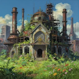 a beautiful hyperdetailed painting of industrial architecture city nature architecture abandoned shrine building urbex unfinished building by vija celmins, studio ghibli cyberpunk darkacademia anime hyperrealism synthwave meadow flowers, archdaily, wallpaper, highly detailed, trending on artstation.