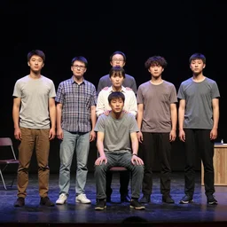 a photo from an improv show where everyone is incredibly handsome, improv, hyper realistic, theater, ultra detailed, 8 k