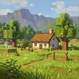a classic oil painting of a beautiful landscape with a cottage and farm in the style of minecraft concept art, beautiful detail, very vibrant, rtx lighting, trees, grass, mountains,