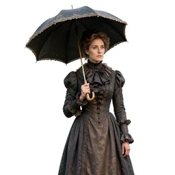 weathered victorian lady with parasol, high detail digital art, full body, standing, isolated on a pure white background, centered, whole figure in frame, sharp focus, studio lighting