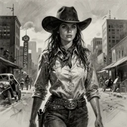 painting of the figure of a woman in a wild west scenery, high contrast, concept art, city, dramatic lighting, digital art, 8 k, extremely detailed, drawn by ruan jia