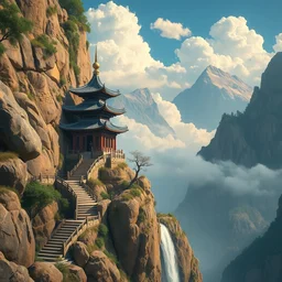 a gorgeous painting by maxfield parrish and franklin booth. chinese hanging temple. yungang buddh. the winding steps. stone bridge. clouds in the wind!! ultra clear detailed. 3 d, octane render. water fall farom the mountain.