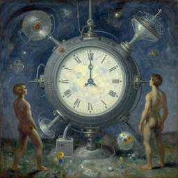 complex alien technology that can control time, used to travel back in time or to slow down time by marius borgeaud and pierre puvis de chavannes, style of aureolin