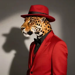 anthropomorphic jaguar, in a red suit and fedora, studio photography, profile picture