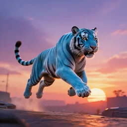 a light blue tiger jumping towards the sunset, cyberpunk