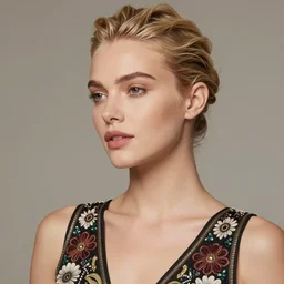photograph of an olive skinned blonde female model in her twenties, her hair pinned up, wearing a designer top, looking content, focused on her neck, photo realistic, luscious red lips, extreme detail skin, natural beauty, no filter, slr, golden hour, 8 k, high definition, selfie