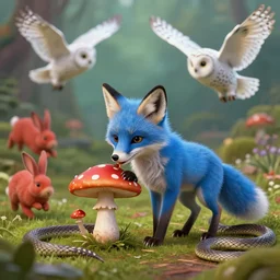 little blue fox eats mushroom, red rabbits run away, white owls fly away, digital art, ultra sharp, extreme details, snakes, ultra detailed