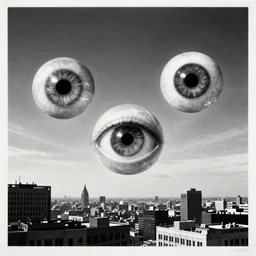 a print of three realistic eyes floating in the sky over a city, high contrast, low key, black and white, vintage poster, film grain