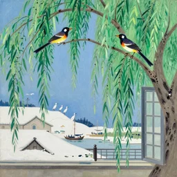 two orioles chirp in the green willow trees ; a file of egrets take to the sky blue. my window holds the age - old snowed west ridge ; near my gate moor the ships from faraway state wu. epic, highly detailed, oil painting, by zao wou - ki