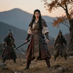 gorgeous warrior princess in a battle scene, open long hair, intricately decorated clothing, natural pose, full length view, mountains on the background, autumn tree on the right, backlight, dusk, shallow depth of field, highly detailed matte painting, rule of thirds, karole bak, hasui kawase, mohrbacher,