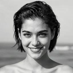 black and white portrait photo of beautiful young sexy female model with black short hair pinned up, seductive glance, broken smile, symmetric face, symmetric eyes, natural light, low contrast, photo by Peter Lindbergh, 8K