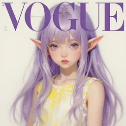 little elf girl, grunge outfit, soft hair. light color palate, purple, yellow and white. detailed soft painting, ayami kojima, made in abyss, anatomically correct, inspired in balthus, high detailed face anime, vogue magazine, glorious composition