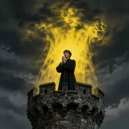 A terrified young catholic priest at the top of a medieval tower watching in fear as an ominous yellow shadow descends upon him from the night sky. He is fervently praying but his eyes are wide open with fear. Low angle angle, dramatic lighting. Award-winning digital art, trending on ArtStation