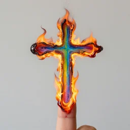 burning cross in rainbow flames, finger oil painting