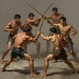 half dozen guys playing fight with sticks. caotic fight intricate, elegant, highly detailed, digital painting, artstation, concept art, sharp focus, illustration, by justin gerard and artgerm, 8 k