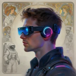 side view future coder man, sleek cyclops display over eyes and glowing headset, neon accents, holographic colors, desaturated headshot portrait digital painting by john berkey, rhads, dean cornwall, alphonse mucha, donato giancola, alex grey, tom whalen, astronaut cyberpunk electric lights profile