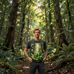 Man posing with picture of forest he restored