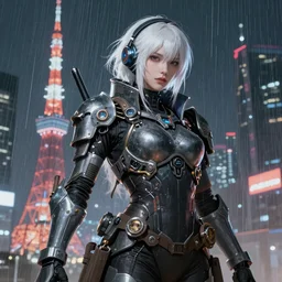 An epic fantastic realism comic book style portrait painting of a female cyber warrior, dieselpunk armor,  white hair, porcelain pale skin, cyberpunk color raining tokyo everywhere, Concept world Art,  unreal 5, DAZ, hyperrealistic, octane render, cosplay, RPG portrait, dynamic lighting