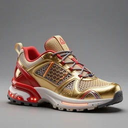 realistic 3 d render of a futuristic sneaker, beautiful studio lighting, soft, sharp focus, neon cyberpunk highlights, intricate detail, gold and red leather, soft white rubber, shiny plastic, hexagon mesh, gold filigree, octane render, side view, close up, trending on artstation, deviantart, nike, adidas, reebok, salomon