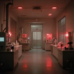 noisy color photograph of a retrofuturist liminal space, laboratory, prison, red lights, minimalist, cinematic, soft vintage glow