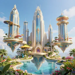 joyful opulent futuristic art deco city sunny day floating skyscrapers colorful parasols koi trees flowers park with pond clear focus clean lines art deco architecture fantasy by ross tran greg rutkowski beautiful intricate elegant highly detailed artstation octane render concept art photorealistic