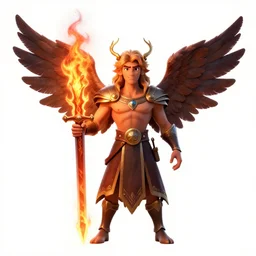 jovial archangel with flaming sword, stylized pixar-style 3d render, full body, standing, isolated on a pure white background, centered, whole figure in frame, sharp focus, studio lighting