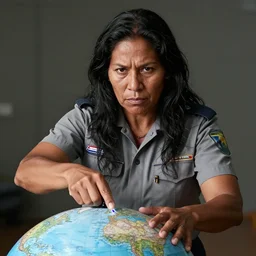 epic portrait of slightly muscular indigenous visionary sheila watt cloutier serious wearing short sleeved instructor uniform laser pointing on globe, blueprint, detailed, artstation, concept art, donato giancola, joseph christian leyendecker, wlop, boris vallejo, breathtaking look, highest resolution, extremely detailed beautiful, establishing shot, artistic, hyperrealistic, beautiful face, enhanced hands, octane render