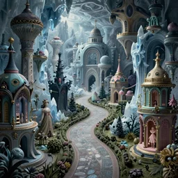 an epic elite mysterious whimsical masterpiece dark sci - fi fantasy matte painting of a winding path through arctic dream worlds with surreal architecture designed by heironymous bosch, structures inspired by heironymous bosch's garden of earthly delights, surreal ice interiors by cyril rolando and asher durand and natalie shau and cyril rolando, insanely detailed and intricate, complex, elegant