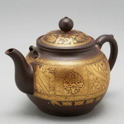 photo full view of an ancient japanese ceramic teapot, micro detail, ( ( ( ( ( ( intricate ) ) ) gold details ) ) )